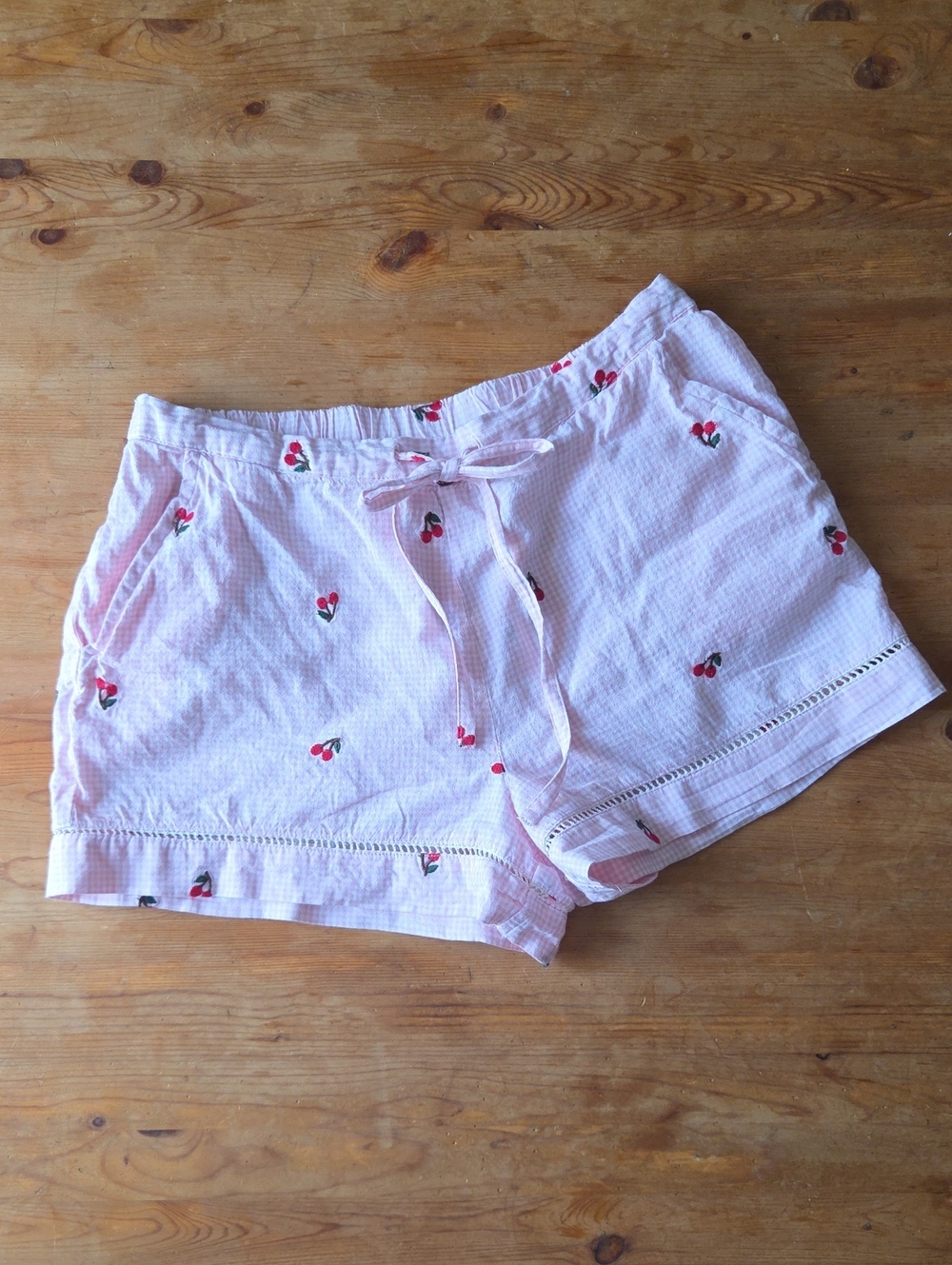 Cherry Embroidered Pink Gingham Seersucker Drawstring Shorts 100% Cotton S